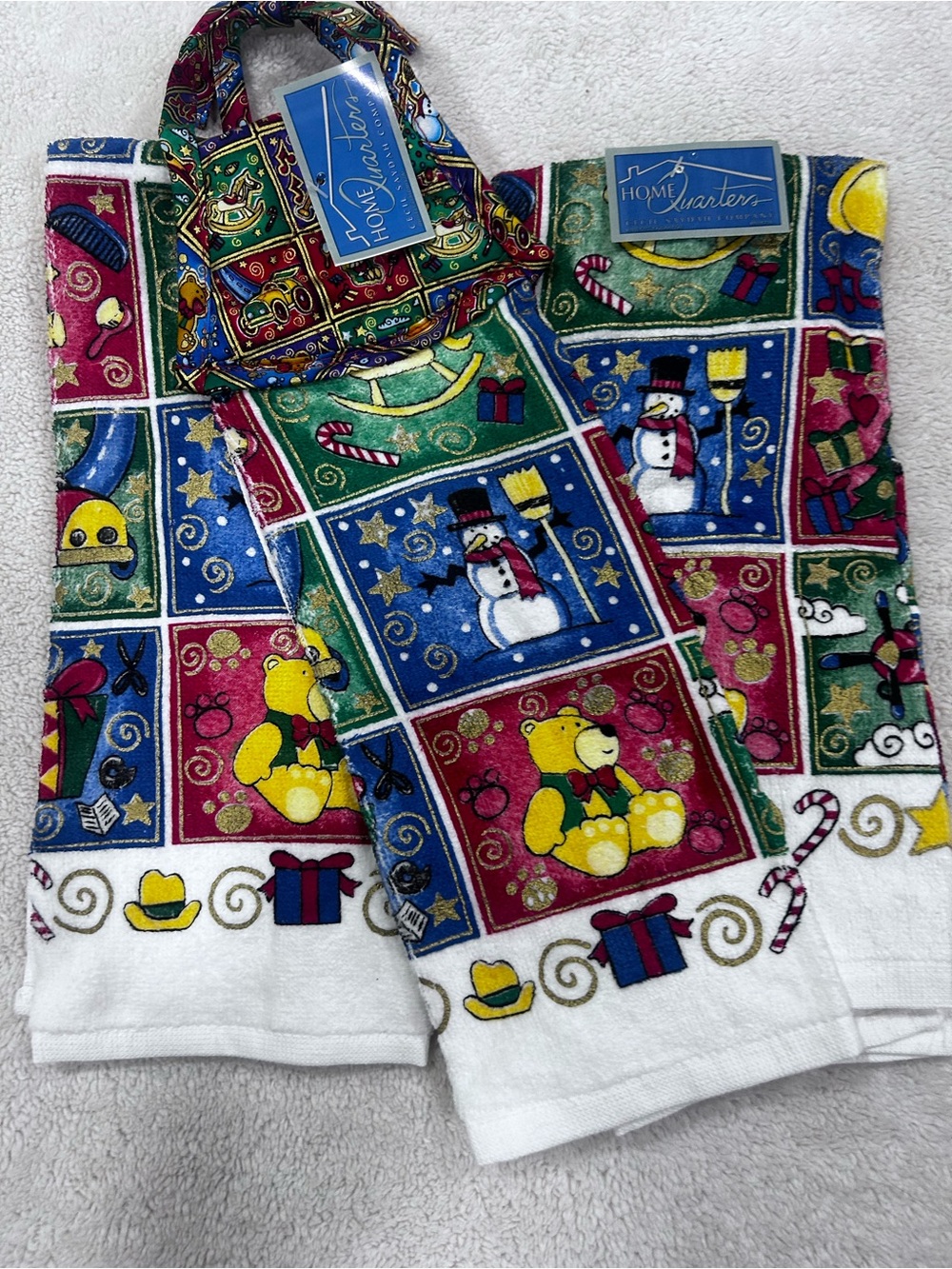 Vintage Home Quarters Christmas Kitchen Towels Set of 3 Snowman Teddy Bear NWT